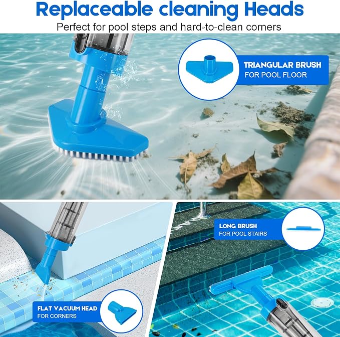 Cordless Handheld Pool Vacuum 3 in 1, 90 Mins Runtime, Rechargeable Pool Cleaner with Telescopic Pole for Above Ground & Inground Pools, Hot Tubs