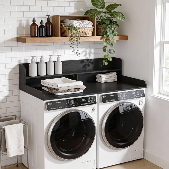 Piskyet Washer Dryer Countertop,2- Tier Laundry Countertop with Edge Rails,27.5" Depth x 54" Wood Countertop,Laundry Machine Topper for Laundry Room Organization and Storage(Black)