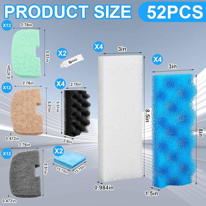 Threlaco 52 Pcs Replacement Filter Media Kit Compatible with Fluval 206/207 Aquarium Filters Include Biological Foams Ammonia Remover Phosphate Pads Nitrite Remover, Towel and Grease