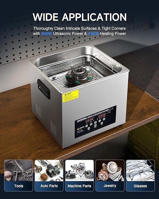 CREWORKS 15L Digital Ultrasonic Cleaner with Degas Gentle Modes, 4 gal. Ultrasonic Cleaning Machine, 360W Professional Ultrasound Cleaner with 450W Heater & 30 min Timer for Auto Machine Parts Tools