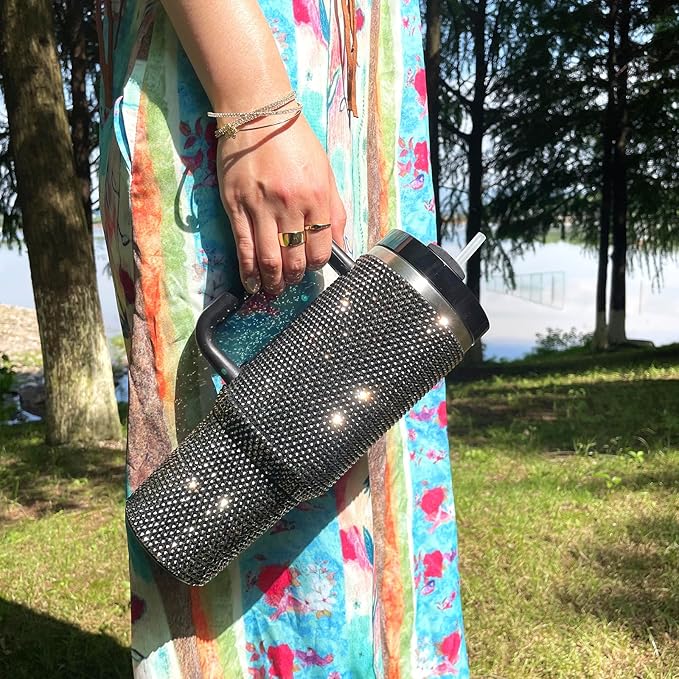 40oz Bling Tumbler with Handle and Straw Lid Rhinestone Studded Tumbler Cups Vacuum Insulated Stainless Steel Double Wall Water Bottle Travel Mug Gifts for Women Her (Black)