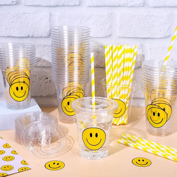 Whaline 50Pcs One Happy Dude Smile Face Disposable Plastic Cups with Lid and Straws 12oz Happy Face Party Cups Cold Beverage Drinking Cup for Fall Birthday Baby Shower Wedding Party Supplies