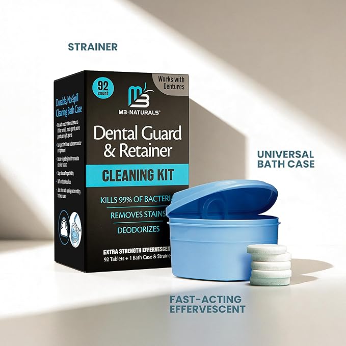 Retainer Cleaner and Soak Container, No-Mess Cleaning Tablets with Universal Denture Bath Case and Strainer, Multipurpose, for Mouth Guard Stains, Odor, and Plaque (92 Tablets + 1 Bath) by M3