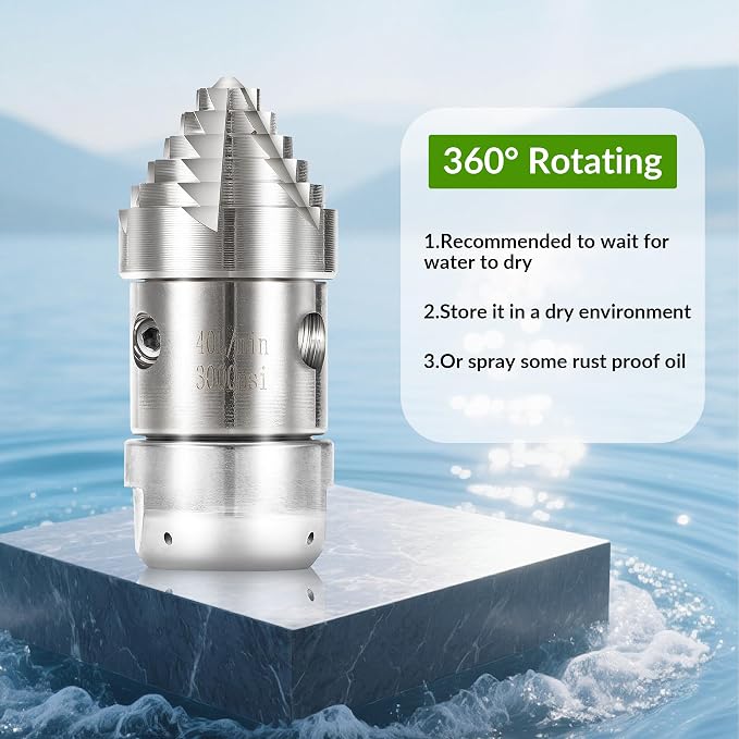 3/8" Sewer Jetter Nozzle for Pressure Washer, 360° Rotating Strong Shot Nozzle for Pipe Cleaning, Stainless Steel Jetter Drain Cleaner, 3000 PSI, 40 L/min, 3/8" NPT Female Thread