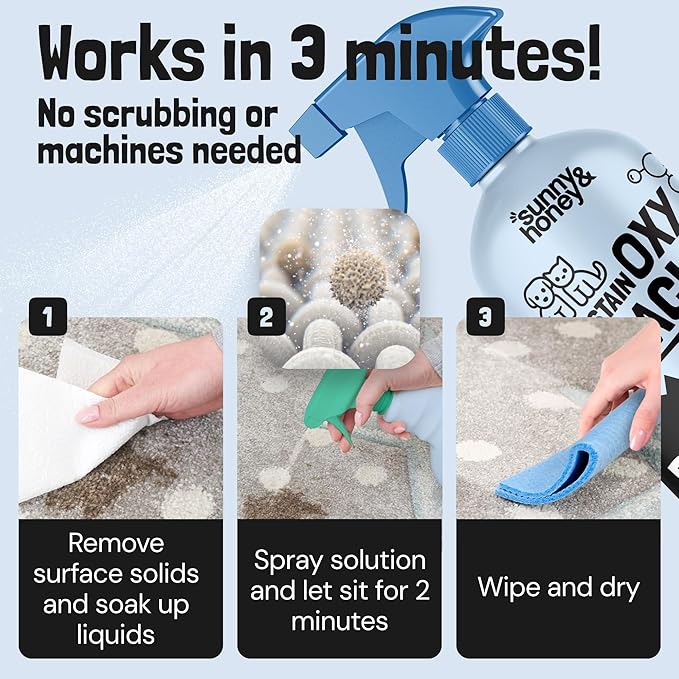 Sunny & Honey Oxy Pet Stain and Odor Eliminator - Oxygen Powered Carpet Cleaner Spray and Upholstery Cleaner - Pet Stain Remover for Rugs, Couches and Mattresses - Unscented (32 fl oz)