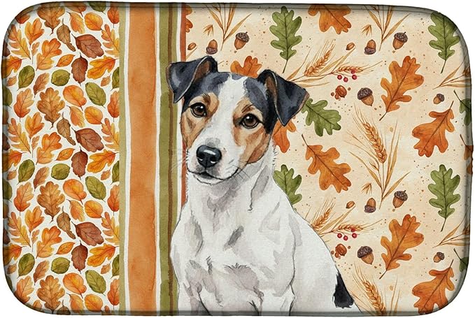 Caroline's Treasures White with Black Markings Russell Terrier Heirloom Fall Dish Drying Mat Absorbent Dish Drying Mat Pad for Kitchen Counter Dish Drainer Mat for Countertop, 14 x 21", Multicolor
