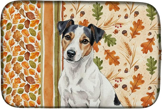 Caroline's Treasures White with Black Markings Russell Terrier Heirloom Fall Dish Drying Mat Absorbent Dish Drying Mat Pad for Kitchen Counter Dish Drainer Mat for Countertop, 14 x 21", Multicolor