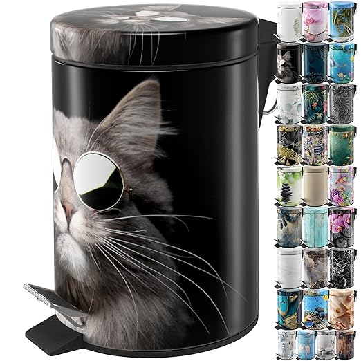 Sanilo Small Bathroom Trash Can with Lid [1.3 Gallon] - Lidded Tiny Trashcan for Garbage - Mini Metal Bin with Soft Closing Mechanism - Bath Room Accessoire Wastebin with Inner Bucket (Cool Cat)