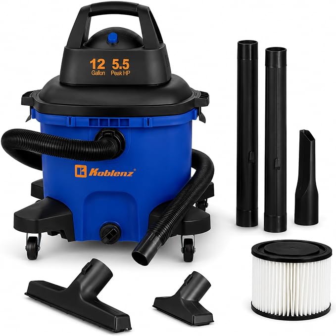 Koblenz WD-12 L4 Wet Dry Vacuum Cleaner, 12 Gallon 5.5 PHP, 3-in-1 Suction & Blower, 32 ft Reach, Drain Plug, Large Vacuum Cleaner for Car, Shop Vacuum Wet and Dry, Click-N-Lock Hose, Blue/Black
