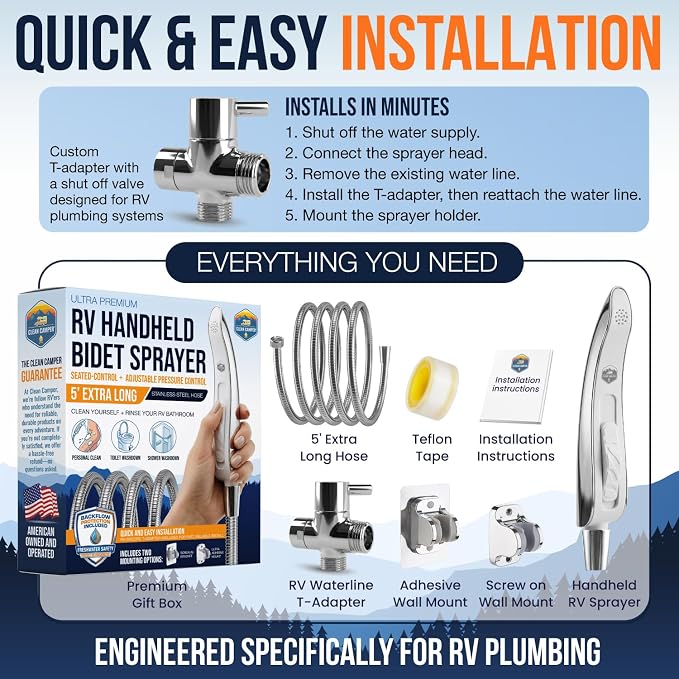 Clean Camper RV Handheld Bidet Sprayer – Stay-Seated Design RV Toilet Sprayer, Engineered for All RV Toilets, Backflow Preventer, Extra-Long 5' Hose & Adjustable Pressure