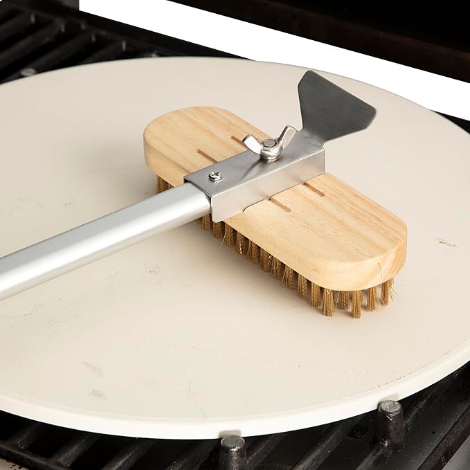 Cuisinart 24” Pizza Stone Cleaning Brush with Rotating Head and Brass Bristles for Easy Cleaning, Lightweight and Durable Long Handle Brush and Scraper for Stubborn Spots, Pizza Oven Accessory