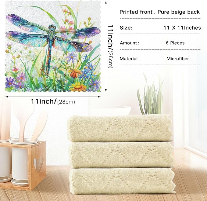 senya Kitchen Dishcloths, Dragonfly Spring Wildflowers Cloth Dish Towels 6 Pack Super Absorbent Dishtowels Reusable Cleaning Cloths