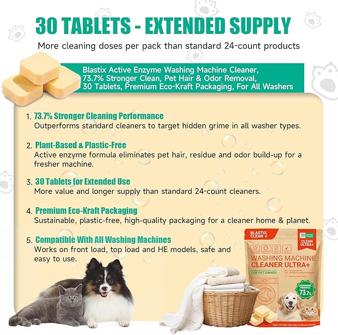 BLASTIX Ultra+ Plant-Based Washing Machine Cleaner Tablets | 30 Count | Pet Hair & Odor Control | Light Lemon Scent | Recyclable Kraft Paper Packaging