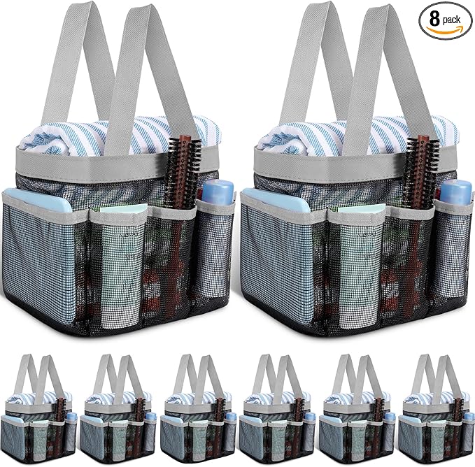 8 Packs Mesh Large Shower Caddy Portable with 8 Pockets and Handles Quick Dry Shower Bags Hanging Bath Bag Dorm Room College Essentials for Bathroom Gym Camp (Grey)