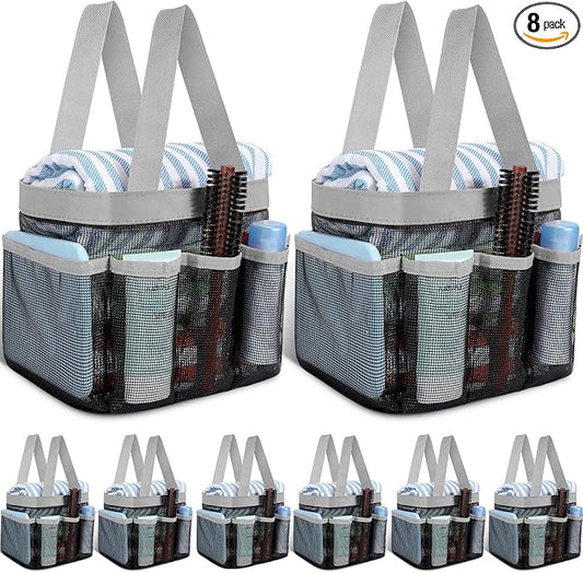 8 Packs Mesh Large Shower Caddy Portable with 8 Pockets and Handles Quick Dry Shower Bags Hanging Bath Bag Dorm Room College Essentials for Bathroom Gym Camp (Grey)