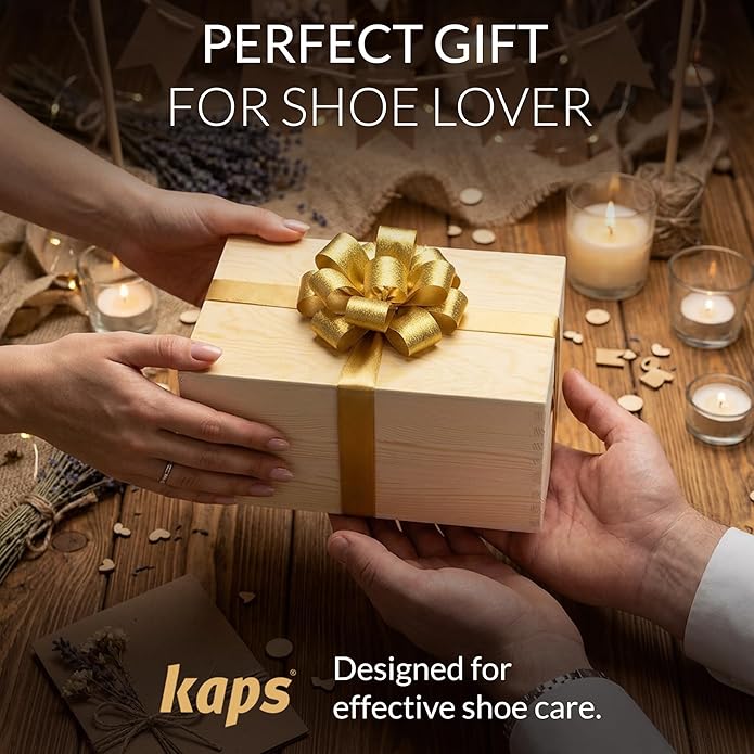 Kaps Complete Shoe Clean and Care Kit, 9 Piece Shoe Care Set for Leather Boots and Shoes, Footwear Cleaning Kit with Wooden Gift Box