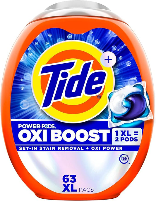 Tide Oxi Boost Power PODS Laundry Detergent Pacs, 63 Count, Set-In Stain Removal + Oxi Power, laundry soap detergent pacs
