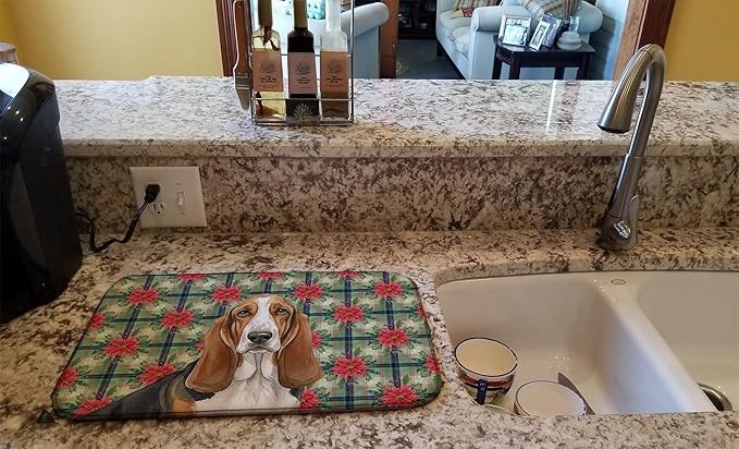 Caroline's Treasures Tricolor and White Basset Hound Christmas PoinsettIas Dish Drying Mat Absorbent Dish Drying Mat Pad for Kitchen Counter Dish Drainer Mat for Countertop, 14 x 21", Multicolor