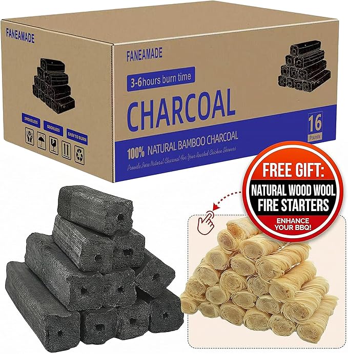 Bamboo Charcoal Briquettes for Grilling & Smoking, Long Burn Low Ash, Smokeless BBQ Charcoal, 16 lb Box