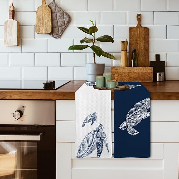 Coastal Turtle Beach Decor Dish Hand Tea Towels for Bathroom Kitchen, Sea Turtle Ocean Nautical Beachy Bathroom Decor Gifts, Coastal Nautical Kitchen Towels and Dishcloths Sets of 2, 16x24in