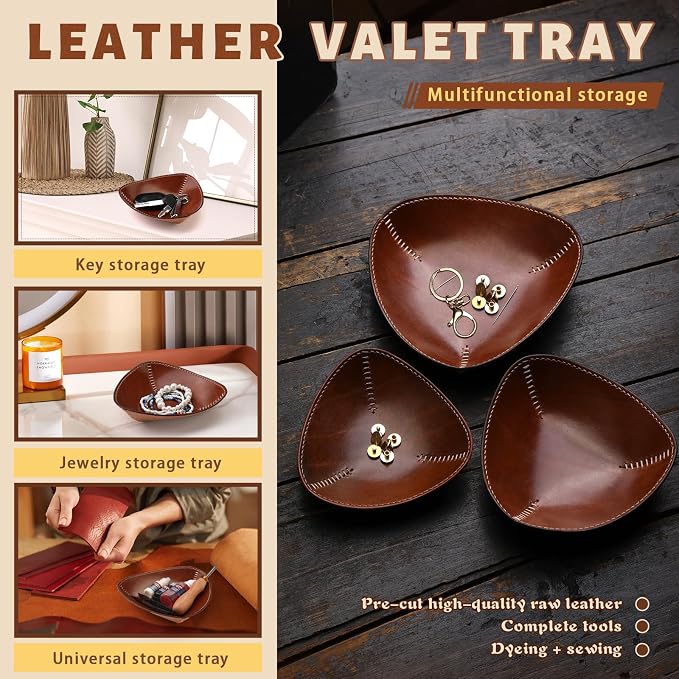 CBHGFEA Leather Tooling Kit Leather Tray Kit (S, M, L) with Vegetable Tanned Edge Beveler Wax Thread and Step-by-Step Video Tutorial for Crafting Desktop Storage Set for Adults
