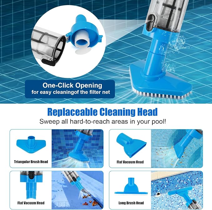 Handheld Pool Vacuum with Telescopic Pole, 3 in 1 Cordless Rechargeable Pool Vacuum, Over 100 Mins Running Time, Deep Cleaning for Above & In-ground Pools, Hot Tubs, Spas