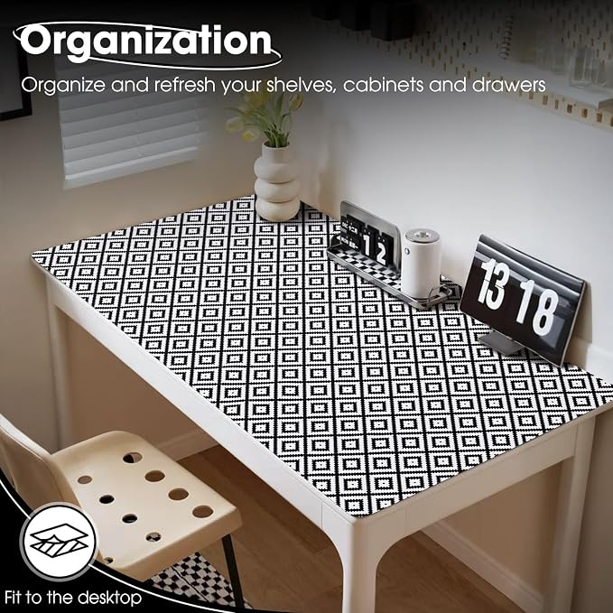 Drawer and Shelf Liner, Non-Slip Kitchen Cabinet Liners Non-Adhesive Thick Strong Grip Waterproof Washable Mats Protect Dresser Shelves Cupboard Bathroom Cabinets, Black & White, 18 in X 20 FT