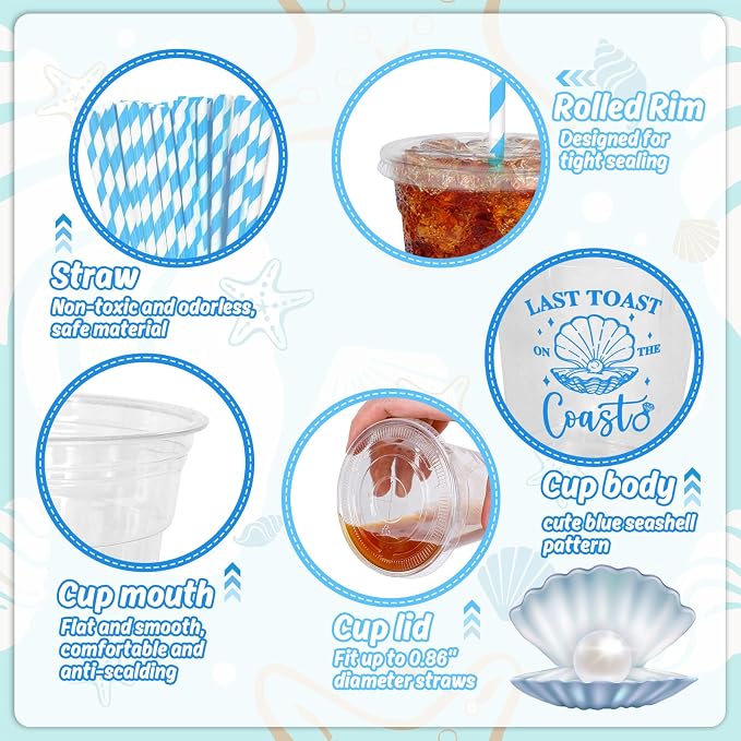 Whaline 50Pcs 12Oz Last Toast on The Coast Disposable Plastic Cups with Lids and Straws Blue Coastal Bachelorette Cold Beverage Drinking Cup for Beach Wedding Bridal Shower