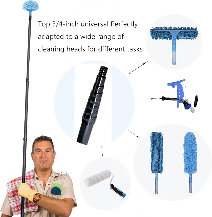 Carbon Fiber Extension Pole, 1.9 to 9.8 ft Lightweight Telescoping Pole with Threaded Metal Tip for Paint Roller, Cobweb Duster, Window Cleaning & High Dusting