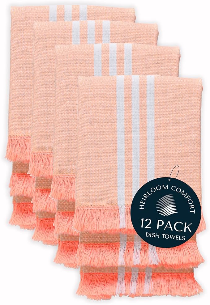 12 Pack Monochrome Stripe Dish Towels with Fringes, 16x26 Inch, 100% Cotton, Ultra Absorbent & Reusable, Quick Drying Kitchen Towels for Cleaning, Cooking, Drying, Easy Care, Orange