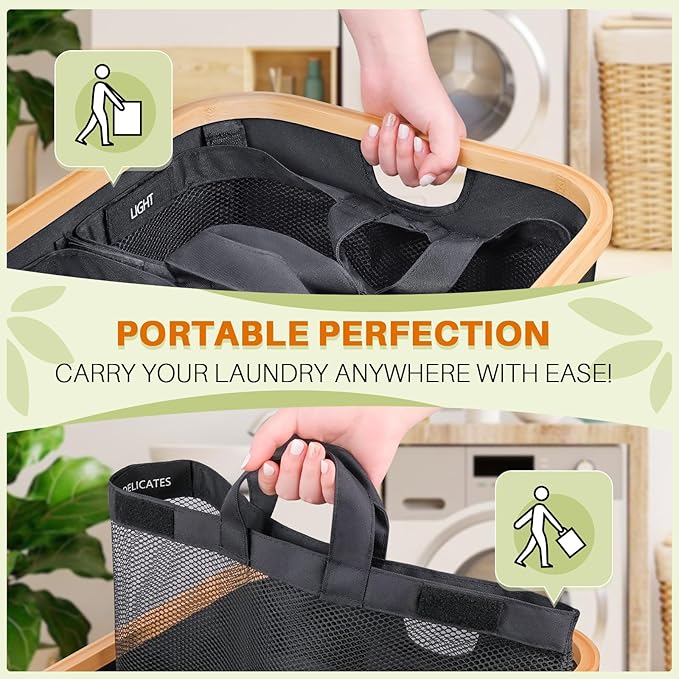 Laundry Hamper 3 Section, 145L Dirty Clothes Hamper with Lid, Extra Large Laundry Basket Organizer with Removable Inner Bags & Labels for Laundry Room, Bedroom, Dark Grey