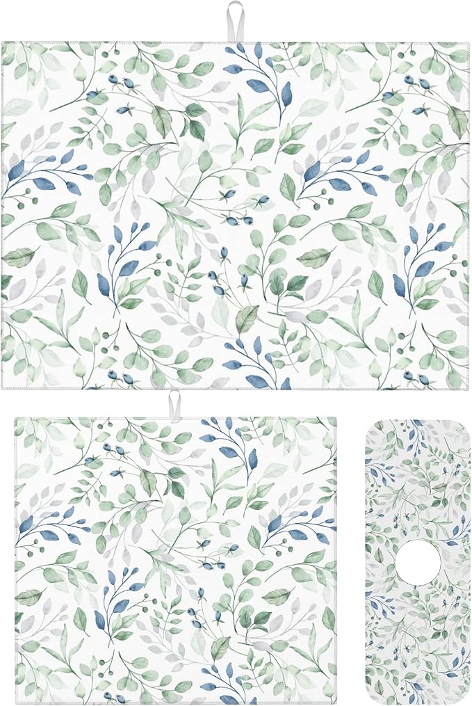 3Pcs Watercolor Floral and Leaves Dish Drying Mat & Kitchen Sink Splash Guard Faucet Mat For Kitchen Counter Absorbent Microfiber Dishes Pad Dish Drainer Rack Mats Fast Dry Kitchen Accessories