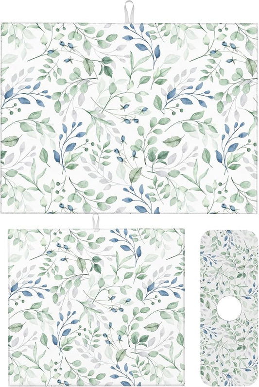 3Pcs Watercolor Floral and Leaves Dish Drying Mat & Kitchen Sink Splash Guard Faucet Mat For Kitchen Counter Absorbent Microfiber Dishes Pad Dish Drainer Rack Mats Fast Dry Kitchen Accessories