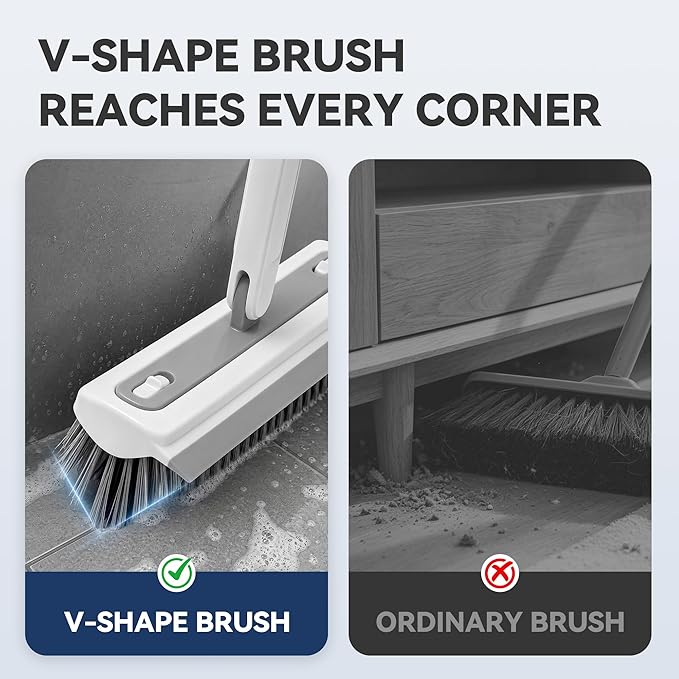 3 in 1 Floor Scrub Brush with Long Handle, Household Push Broom with V-Shaped Stiff Bristles, Detachable Head with Squeegee and Tweezer, Heavy Duty Scrubber Deck Brush for Bathroom Tile Patio Garage