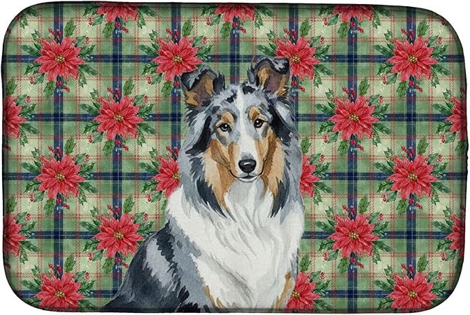 Caroline's Treasures Blue Merle Collie Christmas PoinsettIas Dish Drying Mat Absorbent Dish Drying Mat Pad for Kitchen Counter Dish Drainer Mat for Countertop, 14 x 21", Multicolor