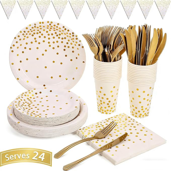 White and Gold Party Supplies 145PCS Disposable Party Dinnerware Paper Plates, Napkins, Knives, Forks, Cups, Banner, for New Year Eve 2026, Bridal Shower, Wedding, Birthday, Serves 24