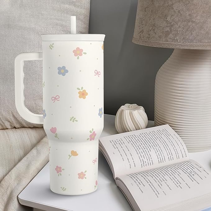 Floral 40oz Slider Tumbler with Handle and Straw - Insulated Stainless Steel Travel Coffee Mug for Women Girls, Gift for Birthday Christmas