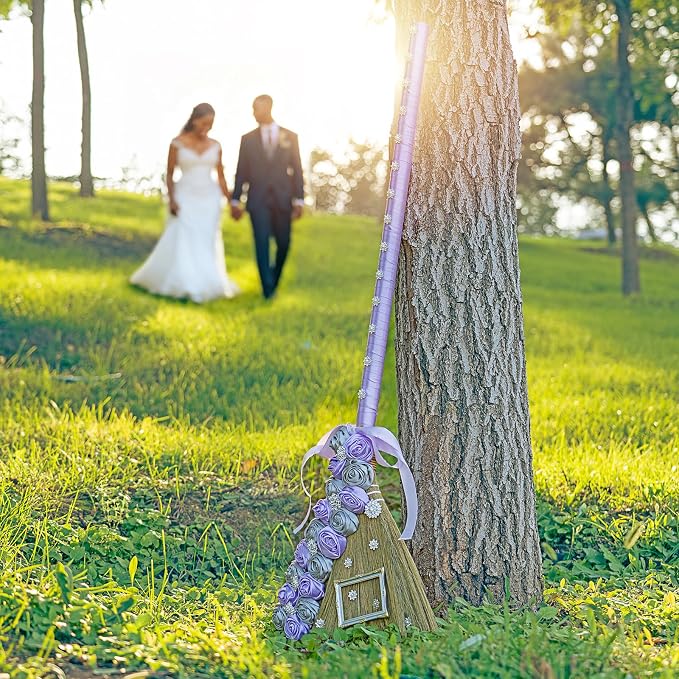 Wedding Broom for Jumping Ceremony, 40 Inch Jump the Broom Kit for African American Wedding, DIY Decoration Set with Velvet Roses, Crystals, Purple Silver