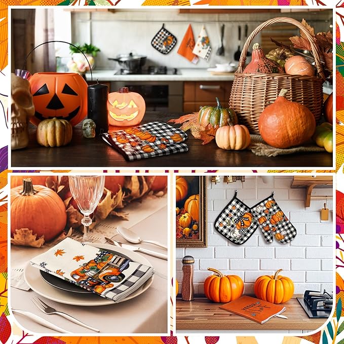 Fanfanwin 10 Pcs Thanksgiving Kitchen Decor Set Kitchen Towels Pot Holders Oven Mitts and Rugs Set Thanksgiving Decor for Baking Cooking Gift