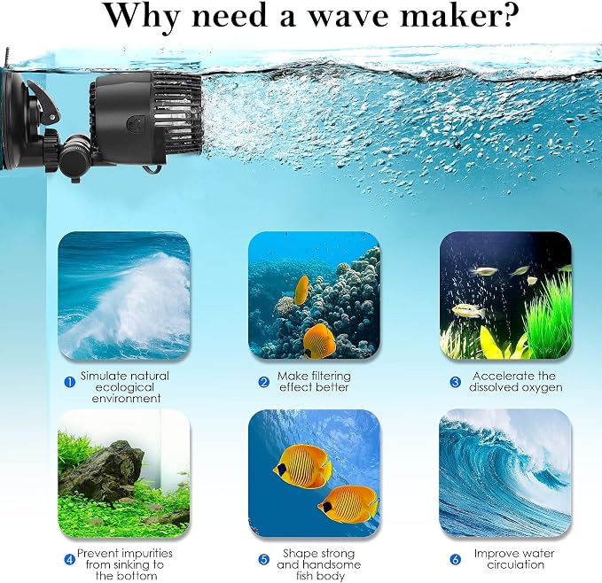 AQQA Aquarium Wave Maker,8W/12W/20W/25W Suction Cup Fish Tank Double Powerhead Pump，110V/60Hz Ultra Quiet Submersible Circulation Pump,360°+180°Adjustable For Freshwater Saltwater (12W)