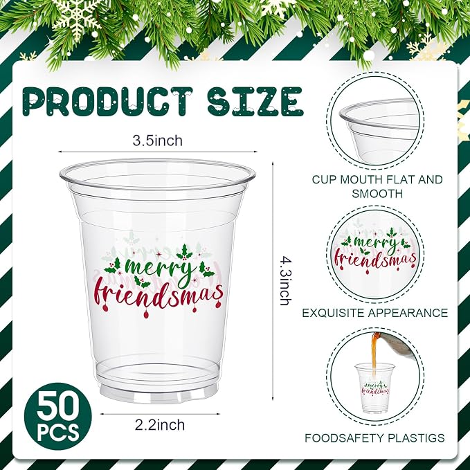 Potchen 50 Pack 12 oz Plastic Merry Friendsmas Cups Disposable Clear Christmas Cups for Christmas Friendsmas Party Decorations Supplies Xmas Holiday Office Home Tableware