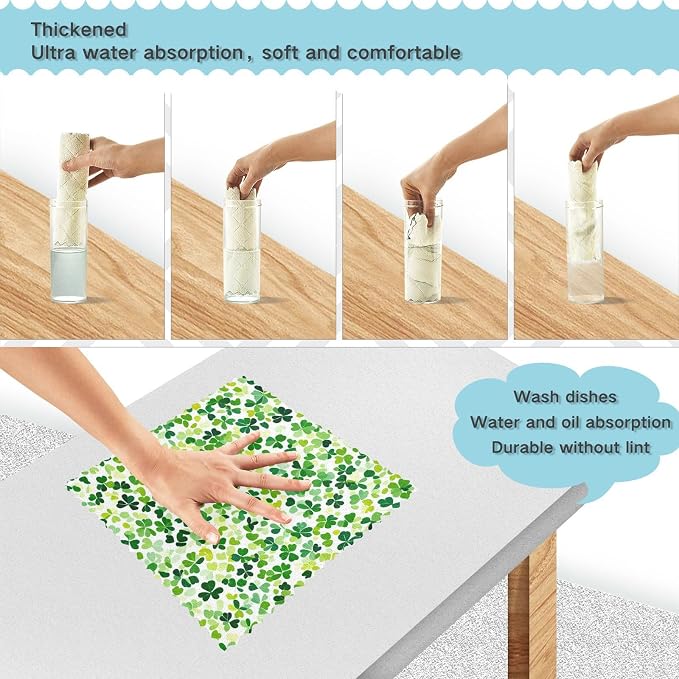 Bright Green Clover St. Patrick Kitchen Towels Dish Cloths Set of 6 Microfiber Cleaning Cloths for Cars Super Absorbent Machine