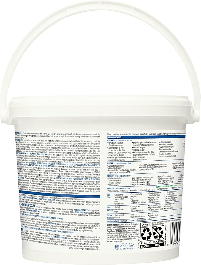 Clorox Healthcare Hydrogen Peroxide Cleaner Disinfectant Wipes, 12" x 11", Bucket, 185 Count, Pack of 2 (Package May Vary)