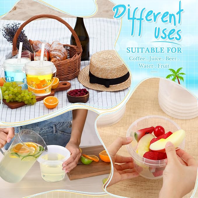 Funnymoom 30 Set 24 oz Clear Drink Buckets with Lids and Straws, Disposable Plastic Rum Cocktail Pails with Handles, Large Smoothie Cups for Adult Bachelorette Party Supplies, Beach & Catering Events