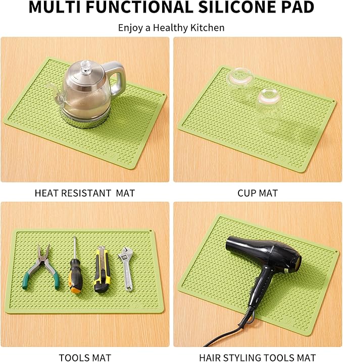 Silicone Drying Mat & Heat Resistant Mat for Kitchen Counter, Non-Slip Dishwasher Safe, Raised Edge for Dishes Bottles Sink (15.35x11.61in, Green)