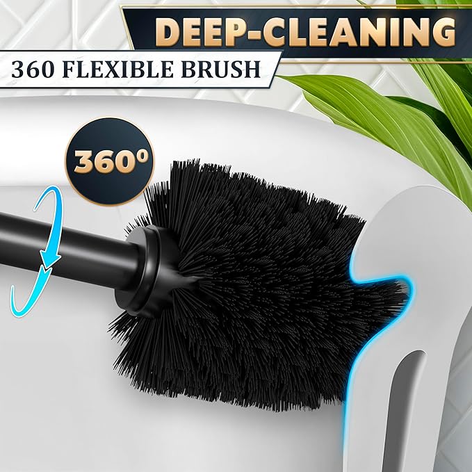 Black Toilet Brush and Holder Set - Slim Matte Design that Fits Anywhere - Stainless Steel Toilet Bowl Brush and Holder with 2 Rounded Corners, Replaceable Head, Removable Inner Bowl & Splash Guard