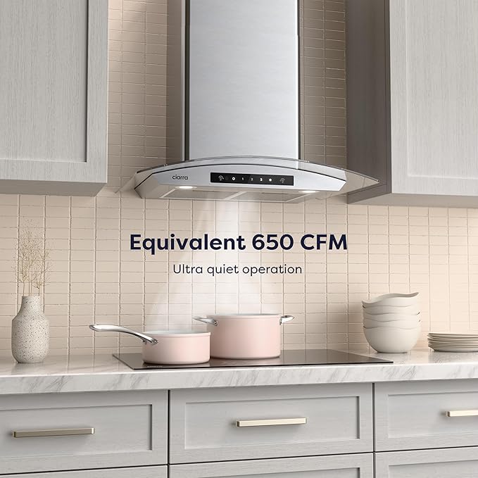Wall Mount Range Hood 30 inch with Soft Touch Control in Stainless Steel & Tempered Glass, Stove Vent Hood for Kitchen with 3 Speed Fan, Permanent Filters, Ductless Convertible Duct, CIARRA CAS75502