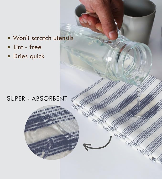 TWINY threads Set of 4 Farmhouse Stripe Kitchen Towels (18x26 Inches) Premium Tea Towels with Hanging Loop, Highly Absorbent, 100% Cotton, Kitchen Hand Towel for Drying, Cleaning - Navy Blue