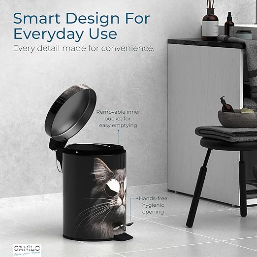 Sanilo Small Bathroom Trash Can with Lid [1.3 Gallon] - Lidded Tiny Trashcan for Garbage - Mini Metal Bin with Soft Closing Mechanism - Bath Room Accessoire Wastebin with Inner Bucket (Cool Cat)
