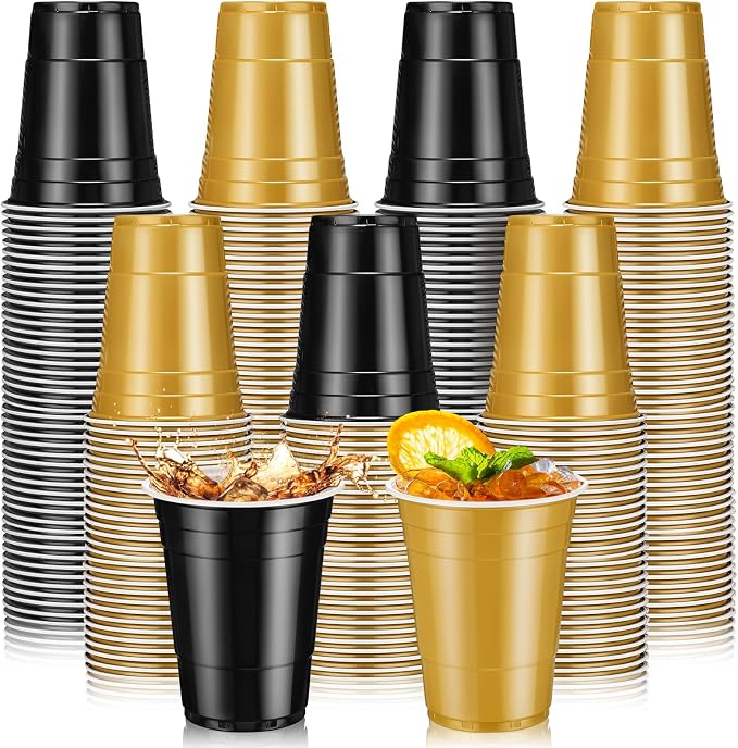 Lounsweer 100 Pcs 16 oz Disposable Party Cups Plastic Heavy Duty Drinking Water Cups for Birthday Baby Shower Wedding BBQ Picnic Party Supplies(Black, Gold)
